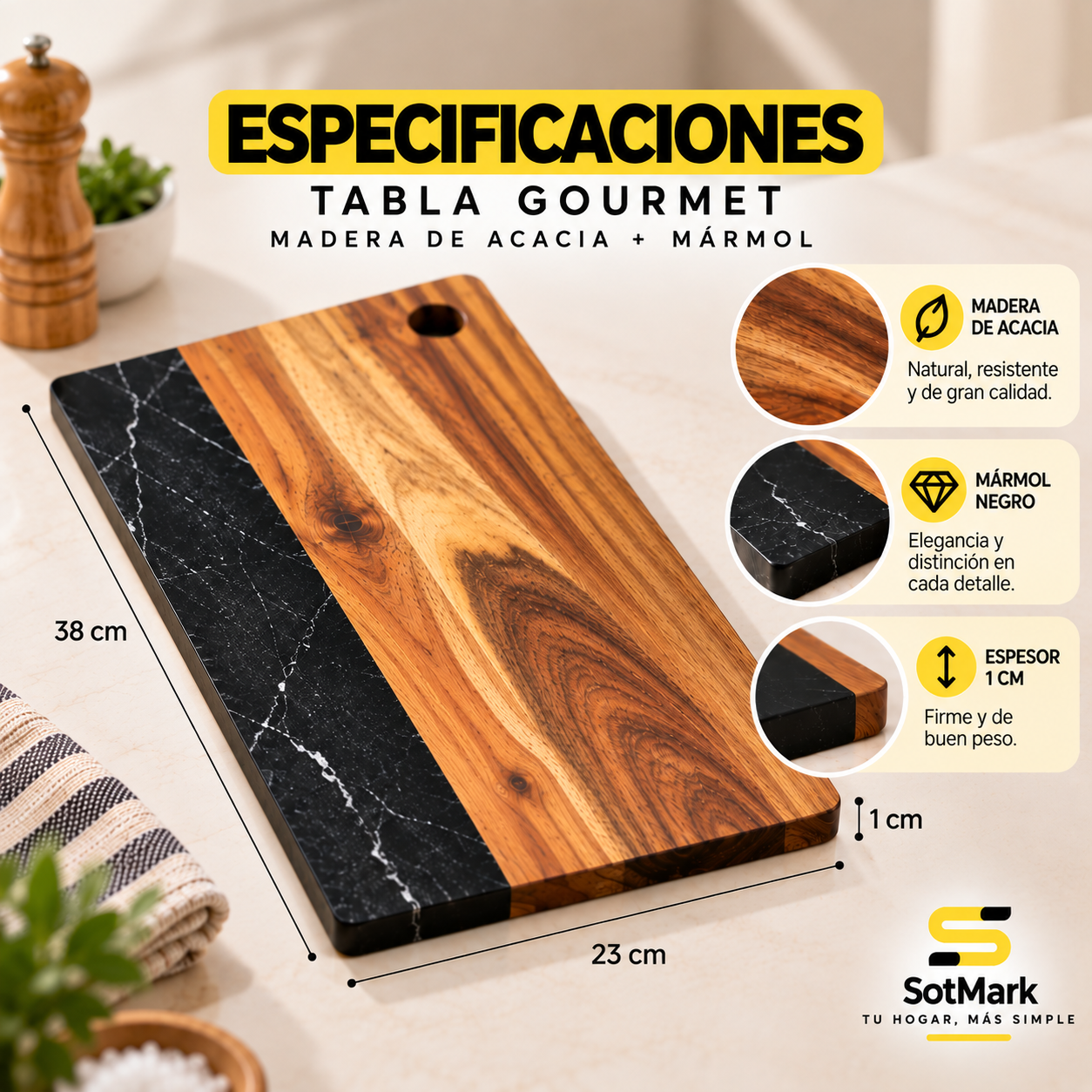 Especificaciones: madera de acacia, m&aacute;rmol negro, 38 x 23 x 1 cm